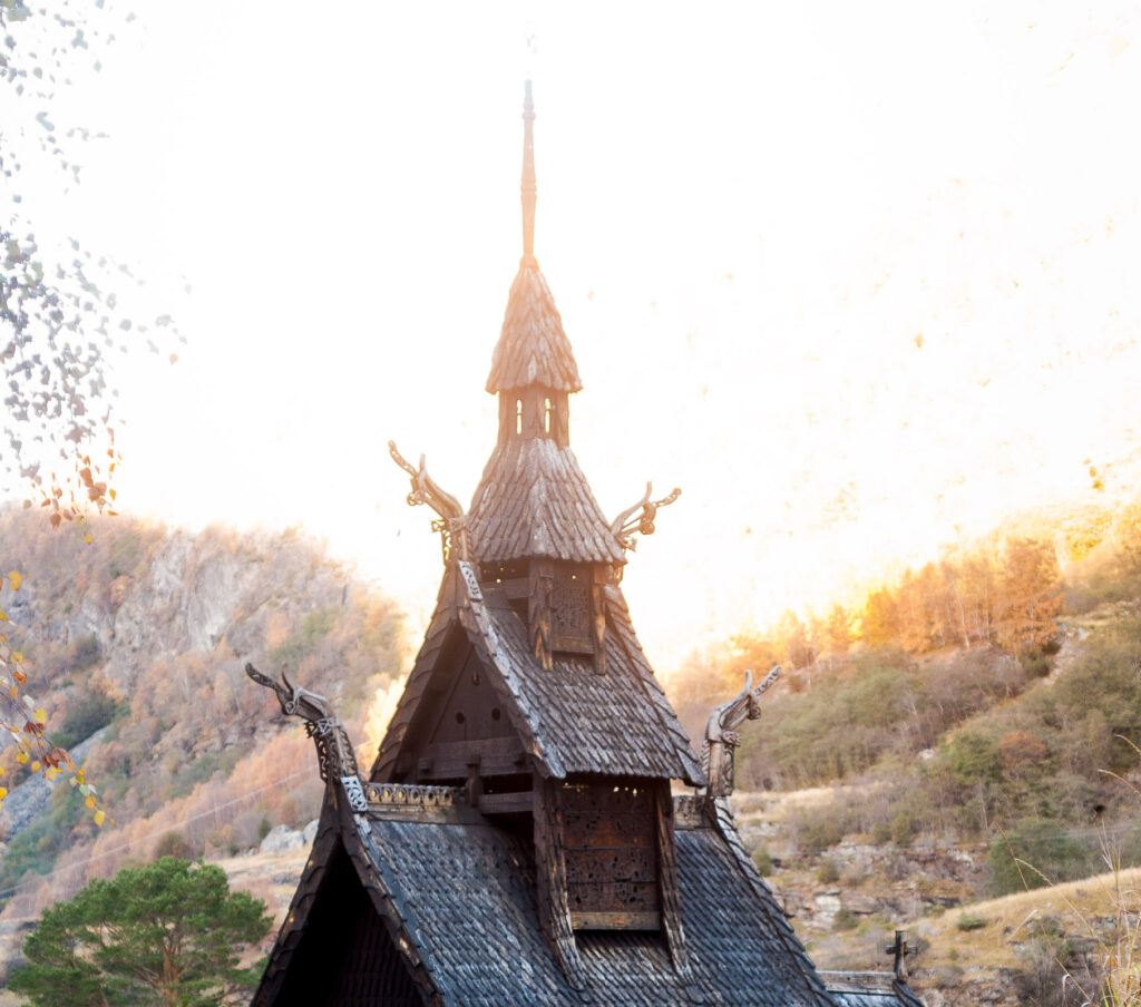 Stave church in the northern light
